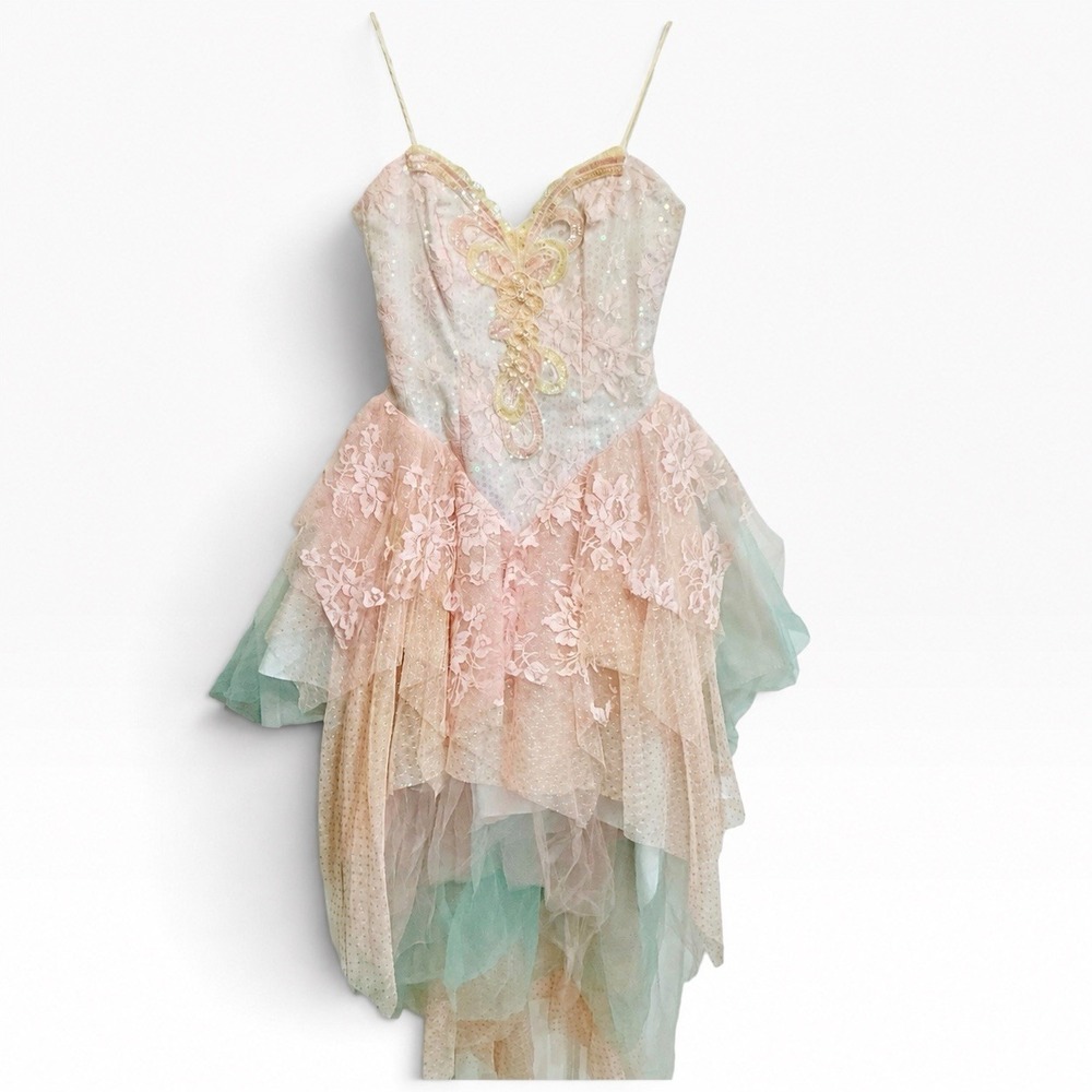 Loralie Original Vintage 80s Whimsical Fairycore Sequin Lace High Low Dress XS S